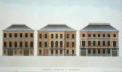 Gentin ja Grammontin talot, Belgia, Pierre Jacques Goetghebuerin "Choix des Monuments, Edifices et Maisons les plus remarquables du Royaume des Pays-Bas", julkaistu 1827 (akvatintta).