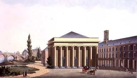 Liegen yliopiston palatsi, Pierre Jacques Goetghebuerin "Alankomaiden kuningaskunnan merkittävimpien monumenttien, rakennusten ja talojen valinta", J. N. Chevronin kaiverrus, julkaistu 1827 (akvatinta)