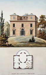 Maatalo Oostakkerissa, Belgiassa, Pierre Jacques Goetghebuerin "Alankomaiden kuningaskunnan merkittävimpien monumenttien, rakennusten ja talojen valinta", julkaistu 1827 (akvatinta)