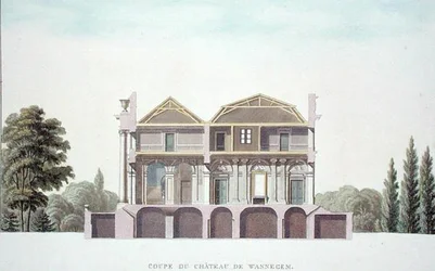 Poikkileikkaus Wannagemin linnasta, lähellä Oudenardea, Belgiaa, Pierre Jacques Goetghebuerin "Valinta Alankomaiden kuningaskunnan merkittävimmistä monumenteista, rakennuksista ja taloista", julkaistu 1827 (akvatinta) (katso myös 186077)