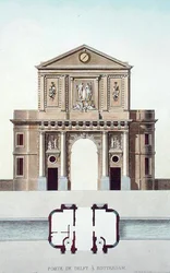 Gateway of Delft, Rotterdam, Pierre Jacques Goetghebuerin teoksesta "Alankomaiden kuningaskunnan merkittävimpien monumenttien, rakennusten ja talojen valinta", julkaistu 1827 (akvatinta)