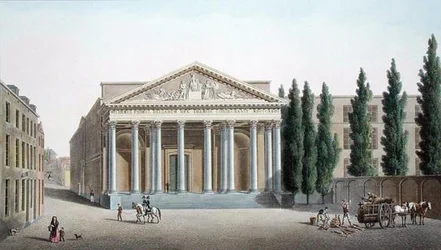 Oikeuspalatsi, Bryssel, Pierre Jacques Goetghebuerin "Alankomaiden kuningaskunnan merkittävimpien monumenttien, rakennusten ja talojen valinta", julkaistu 1827 (akvatinta)
