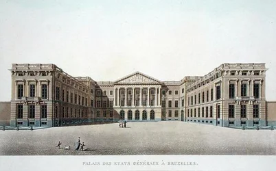 Palace of the Estates General, Bryssel, Pierre Jacques Goetghebuerin "Alankomaiden kuningaskunnan merkittävimpien monumenttien, rakennusten ja talojen valinta", julkaistu 1827 (akvatinta)
