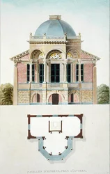 Hingenen paviljonki, lähellä Anversia, Pierre Jacques Goetghebuerin "Alankomaiden kuningaskunnan merkittävimpien monumenttien, rakennusten ja talojen valinta", julkaistu 1827 (akvatinta) (katso myös 186053)