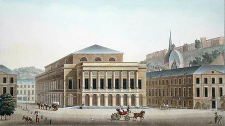 Liegen teatteri, Pierre Jacques Goetghebuerin teoksesta "Alankomaiden kuningaskunnan merkittävimpien monumenttien, rakennusten ja talojen valinta", kirjailijan kaiverrus, julkaistu 1827 (akvatinta)