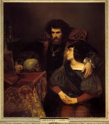 Lara-kohtaus Lord Byronin ”Lara”-laulusta I. Pierre Jules Jollivetin (1794-1871) maalaus (Vanite) 1800-luvun su. 1,3x1,1 m