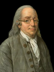 Benjamin Franklinin (1706-1790) muotokuva, amerikkalainen kirjanpainaja, kustantaja, tiedemies, keksijä, valtiomies ja diplomaatti, fyysikko, filosofi ja poliitikko - Pierre Michel Alixin kaiverrus