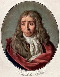 Jean de La Fontainen (Lafontaine) (1621-1695) muotokuva, Pierre Michel Alixin (1762-1817) ranskalainen runoilija Ambroise Louis Garnereyn (1783-1857) kaiverrus