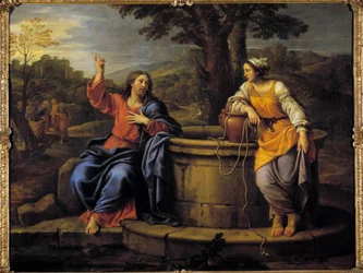 Jeesus ja samarialainen Jeesus lepäämään istuva tapaa samarialaisen, joka tuli ammentamaan vettä ja pyytää häntä juomaan. Pierre Mignardin (1612-1695) maalaus 1600-luvulta Raleigh, taidemuseo