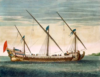 Kolmimastoinen kaleassi kulkemassa airoilla, teoksesta Le Neptune François, n. 1693-1700
