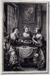 La Gageure des trois commeres - Jean La Fontainen "" Tarinoita ja novelleja säkeissä" -julkaisussa. 1776. P.P. Choffardin kuvitus.