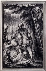 La Gageure des trois commeres - Jean La Fontainen "" Tarinoita ja novelleja säkeissä" -julkaisussa. 1776. P.P. Choffardin kuvitus.