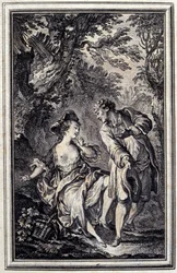 Lupaus on yksi ja pitäminen toinen. Jean de La Fontainen teoksessa "Tales et nouvelles en vers", Amsterdam 1776, kuvittanut P.P.Choffard.