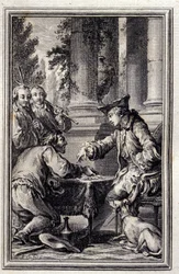 Tarina talonpojasta, joka oli loukannut Herraansa - Jean La Fontainen "Tarinoita ja uutisia säkeissä". 1776. Kuvitus P.P. Choffard.