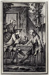 korvatehtaalla tai simpukan raccomoderilla. Teoksessa "Tales et nouvelles en vers", Jean de La Fontaine, Amsterdam 1776. Kuvittanut P.P.Choffard.