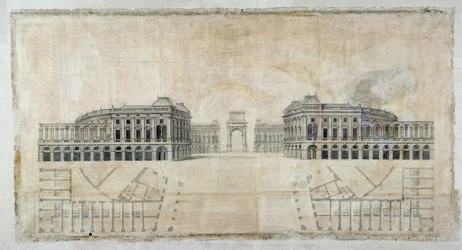 Arkkitehtuuri: "Place Royalen projekti Marseillelle, näkökulma satamaan ja pohjapiirros" 1686 (piirustus)