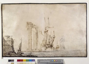 Laiva tuhoutunutta pylväikköä vastaan (piirustus)