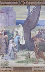 St. Genevieve tuo tarvikkeita Pariisin kaupunkiin piirityksen jälkeen (fresko)