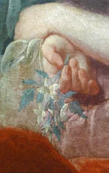 Nuoren naisen käsi, jolla on kukkiva oksa. Yksityiskohta Madame Poulhariexin ja hänen tyttärensä muotokuvasta, noin 1728 (öljy kankaalle)
