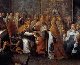 Ludvig XV:n kruunajaiset. Kuningas Ludvig XV (1710-1774) kruunattiin ja voideltiin 25/10/1722 Reimsin katedraalissa Reimsin arkkipiispan toimesta sijaishallitsijan, Orléansin herttuan (1674-1723), ja suuren väkijoukon läsnä ollessa. Yksityiskohta Pierre