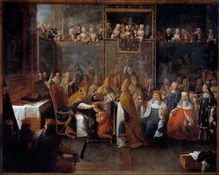 Ludvig XV:n kruunajaiset. Kuningas Ludvig XV (1710-1774) kruunattiin ja voideltiin 25/10/1722 Reimsin katedraalissa Reimsin arkkipiispan toimesta sijaishallitsijan, Orléansin herttuan (1674-1723), ja suuren väkijoukon läsnä ollessa