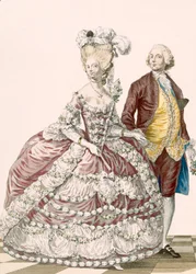 Epämuodollinen hääpuku, kaiverrus Dupin, levy nro 88 julkaisusta "Galeries des Modes et Costumes Francais", n. 1778-1787 (värinen kaiverrus) 99:vaatteet; perinteinen asu; perinteinen puku; muoti; kuva; c18th; muodikas; vaatteet; Nainen; Uros; gau