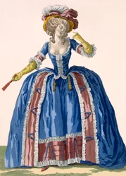 Englantilaistyylinen rengasmekko, sähkönsininen, jossa on viininpunainen hapsullinen reunus, kaiverrettu Bacquoyn kaiverruksella, levy nro 182 teoksesta "Galeries des Modes et Costumes Francais", n. 1778-87 99:vaatteet;
