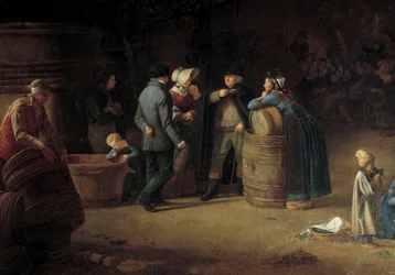 Omistaja vierailee kellarissaan Burgundissa. Viininviljelijä tarkastaa viinintuotannon tilan viinitarhallaan. Yksityiskohta. 1800-luku. Beaune