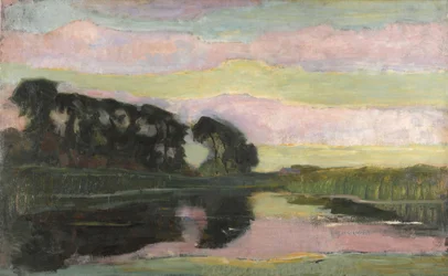 Jokimaisema vaaleanpunaisella ja keltavihreällä taivaalla, n. 1907-1908.