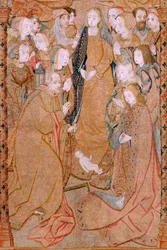 Flanderin kuvakudos. Sarja Triumphs of the Mother tai Paños de Oro. Kristuksen syntymä (Nacimiento de Cristo). Sarjan kolmas kuvakudos. Malli Colin de Cooter (?). Valmistus Pieter van Aelst (tai van Edingen), Bryssel. Noin 1500-1502. Kangas Kulta, hopea, s