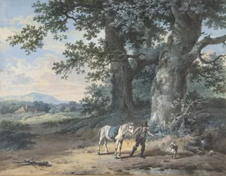 Talonpoika, joka johtaa hevosta metsän laitamilla, 1700-luvun loppu - 1800-luvun puoliväli.
