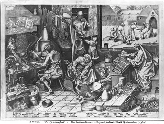 Alkemisti työssään, kaivertanut Hieronymus Cock (n. 1510-70)