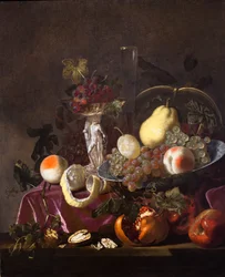 Hedelmäinen asetelma, viinirypäleet, granaattiomenat ja melonit, 1655 (öljy kankaalle)