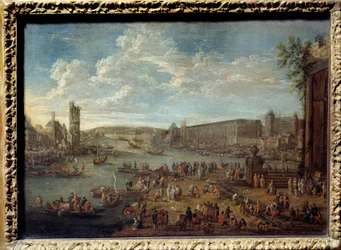 Näkymä Louvrelle ja Neslesin tornille otettu Ile de la Cite Pariisista. Pieter Li Casteelsin (1684-1749) maalaus