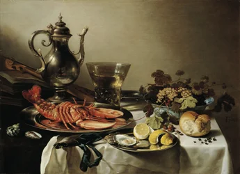 Pöytä hummerilla, hopeakannu, iso Berkemeyer, hedelmäkulho, viulu ja kirjat, 1641