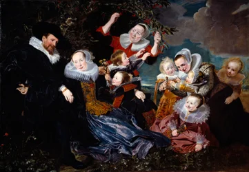 Muotokuva Paulus Van Beresteynistä (1588-1636) vaimonsa, kuuden lapsensa ja kahden neiton kanssa Pieter Soutmanin (1590-1657) maalaus 1630 su. 1,67x2,41 m