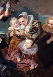 Muotokuva Paulus Van Beresteynistä (1588-1636) vaimonsa, kuuden lapsensa ja kahden piikansa kanssa. Pieter Soutmanin (1590-1657) maalaus 1630 su. 1,67x2,41 m