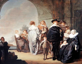 Elegantti seurue terassilla (öljy paneelille)