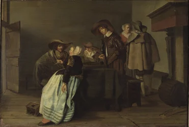 Une keskustelu - Keskustelu, kirjoittanut Codde, Pieter (1599-1678). Öljy kankaalle