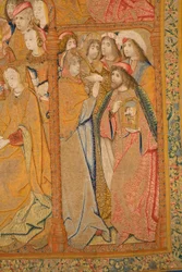 Flanderin kuvakudos. Ilmoitus. Yksityiskohta, n. 1502-04 (kulta, hopea, silkki ja villa)