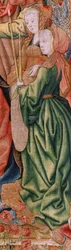 Flanderin kuvakudos. Sarja Episodes from the Life of the Virgin; Esitys temppelissä (Presentación en el Templo). Sarjan toinen kuvakudos. Jan van Roomen (tai van Brusselin) nimissä olevat mallit. Valmistus Pieter van Aelst, Bryssel. Noin 1502-1504.