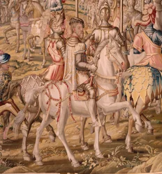 Flanderin kuvakudos. Sarja Tunisin valloitus; Barcelonan joukkojen katsaus (La revista de las tropas en Barcelona). Sarjan toinen kuvakudos. Malli Jan Vermeyen ja Pieter Coecke van Aelst. 1543-1548. Valmistus Real Fábrica de Tapices de Sant