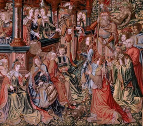 Flanderin kuvakudos. Sarja The Honours. Hyve (La Virtu, El Vicio). Sarjan kahdeksas kuvakudos. Mallisarjakuvapiirtäjät Bernard van Orleyn ja Jan Gossaertin (Mabuse) piiristä. Valmistus Pieter van Aelst, Bryssel. Noin 1550. Kangas Kulta, hopea, silkki a