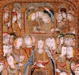 Flanderin kuvakudos. Sarja Triumphs of the Mother tai Paños de Oro. Ilmoitus (La Anunciación). Sarjan toinen kuvakudos. Malli Colin de Cooter (?). Valmistus Pieter van Aelst (tai van Edingen), Bryssel. Noin 1500-1502. Kangas Kulta, hopea, silkki ja wo