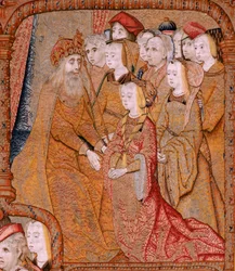 Flanderin kuvakudos. Sarja Triumphs of the Mother tai Paños de Oro. Ilmoitus (La Anunciación). Sarjan toinen kuvakudos. Malli Colin de Cooter (?). Valmistus Pieter van Aelst (tai van Edingen), Bryssel. Noin 1500-1502. Kangas Kulta, hopea, silkki ja wo