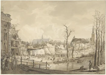 Rauniot Steenschuurin pohjoispuolella Leidenin ruutikatastrofin jälkeen 12. tammikuuta 1807