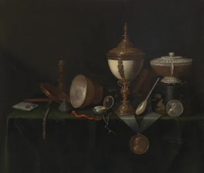 Asetelma strutsimunan kupin ja Whitfieldin perinnön kanssa, n. 1670 (öljy kankaalle)