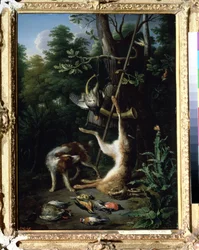 ""Metsästyskoira ja riistalinnut"" (Koira ja riistalinnut) Peter Gyselsin (1621-1691) maalaus 1600-luvulta. Pushkin-museo, Moskova