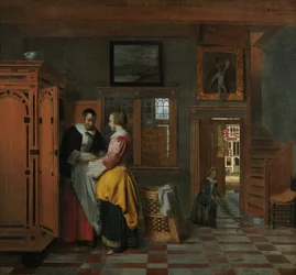 Sisustus naisilla pellavaarkun vieressä, 1663