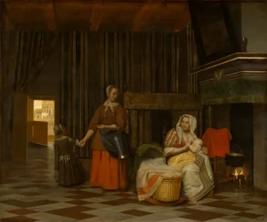 Nainen ja lapsi palvelevan palvelijan kanssa, 1663-1665